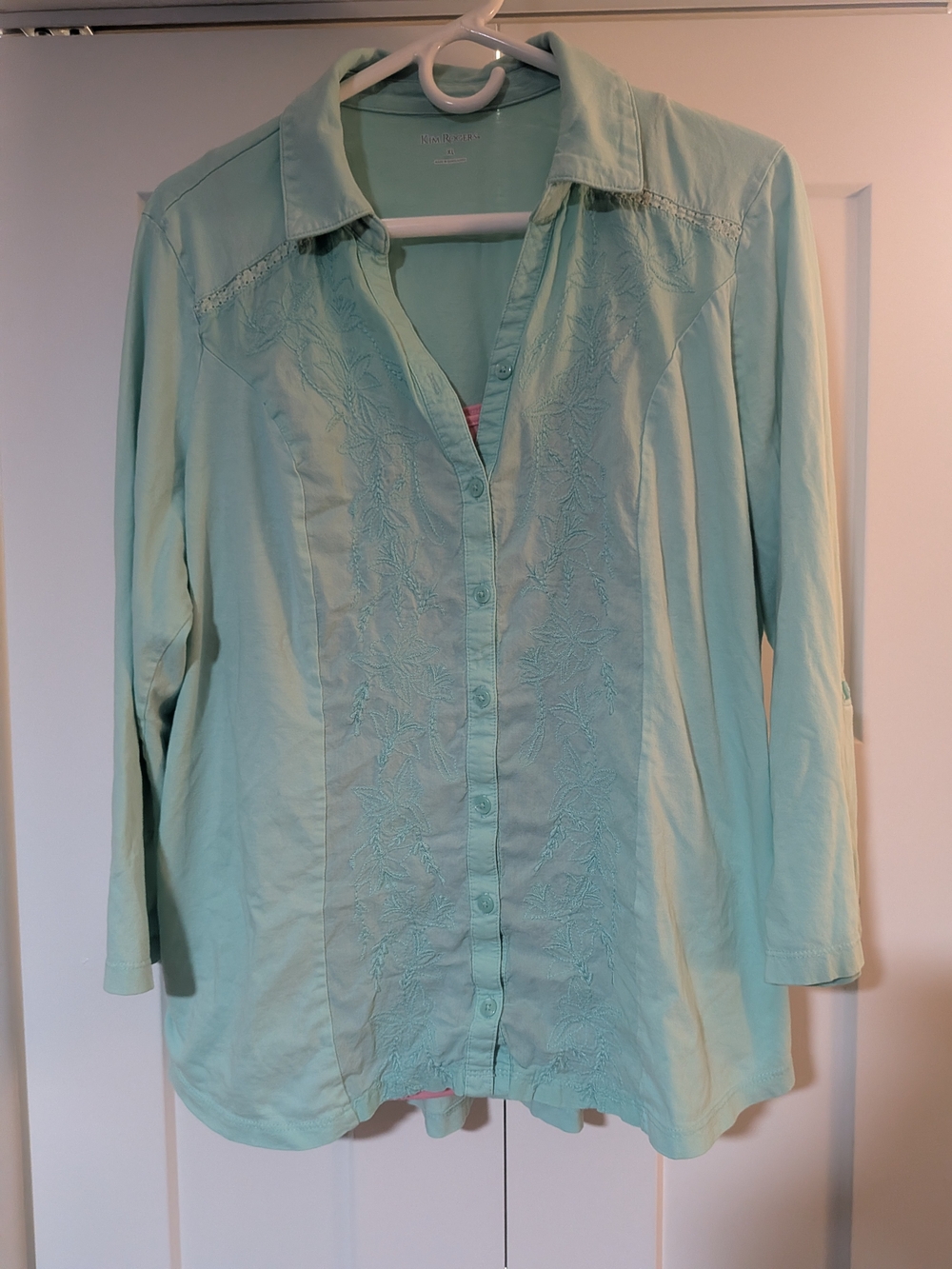 Kim Rogers Blouse Size XL Green 3/4 Sleeves Buttons W/ Pink Tank Top